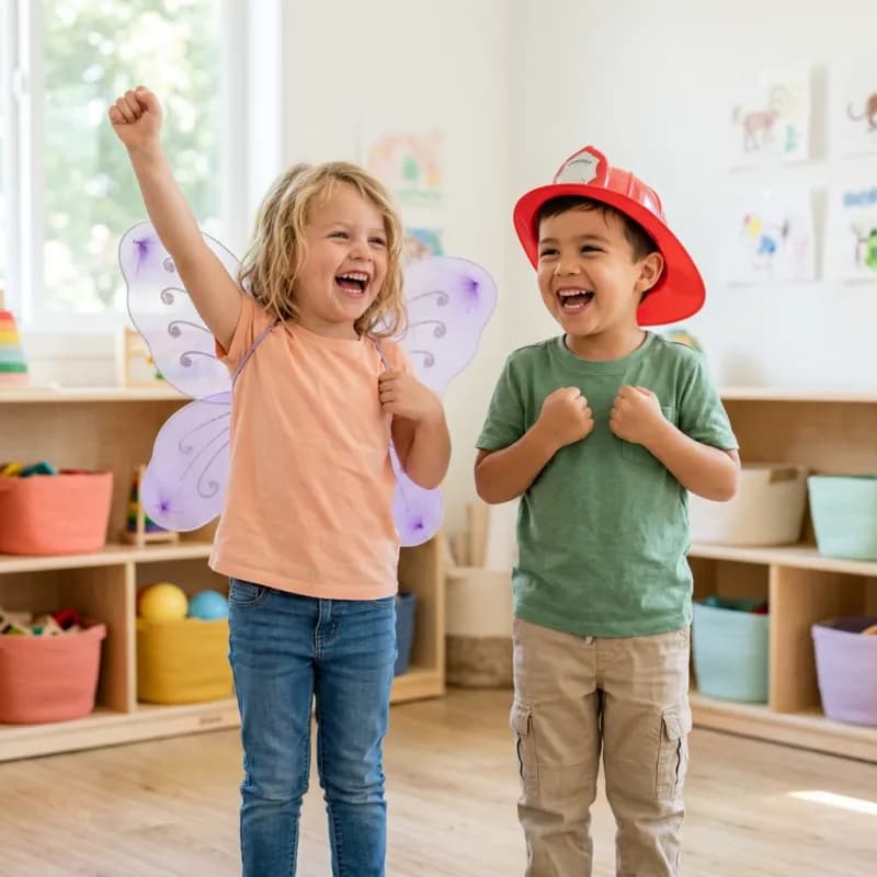 Two preschoolers playing dress-up in butterfly wings and a toy firefighter helmet.