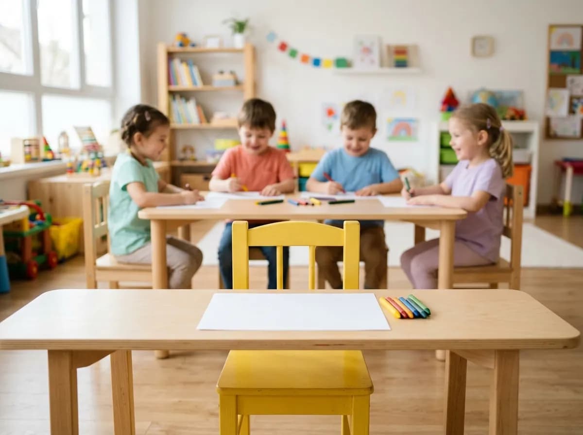 An empty yellow child's chair with paper and crayons waiting at a kids' table while other children draw in the background.