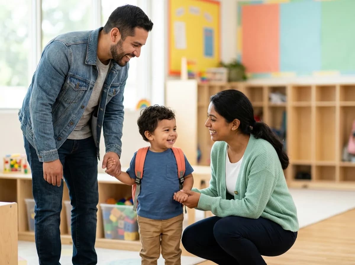 A teacher crouching to greet a smiling toddler with a backpack as his dad holds his hand at the classroom door.