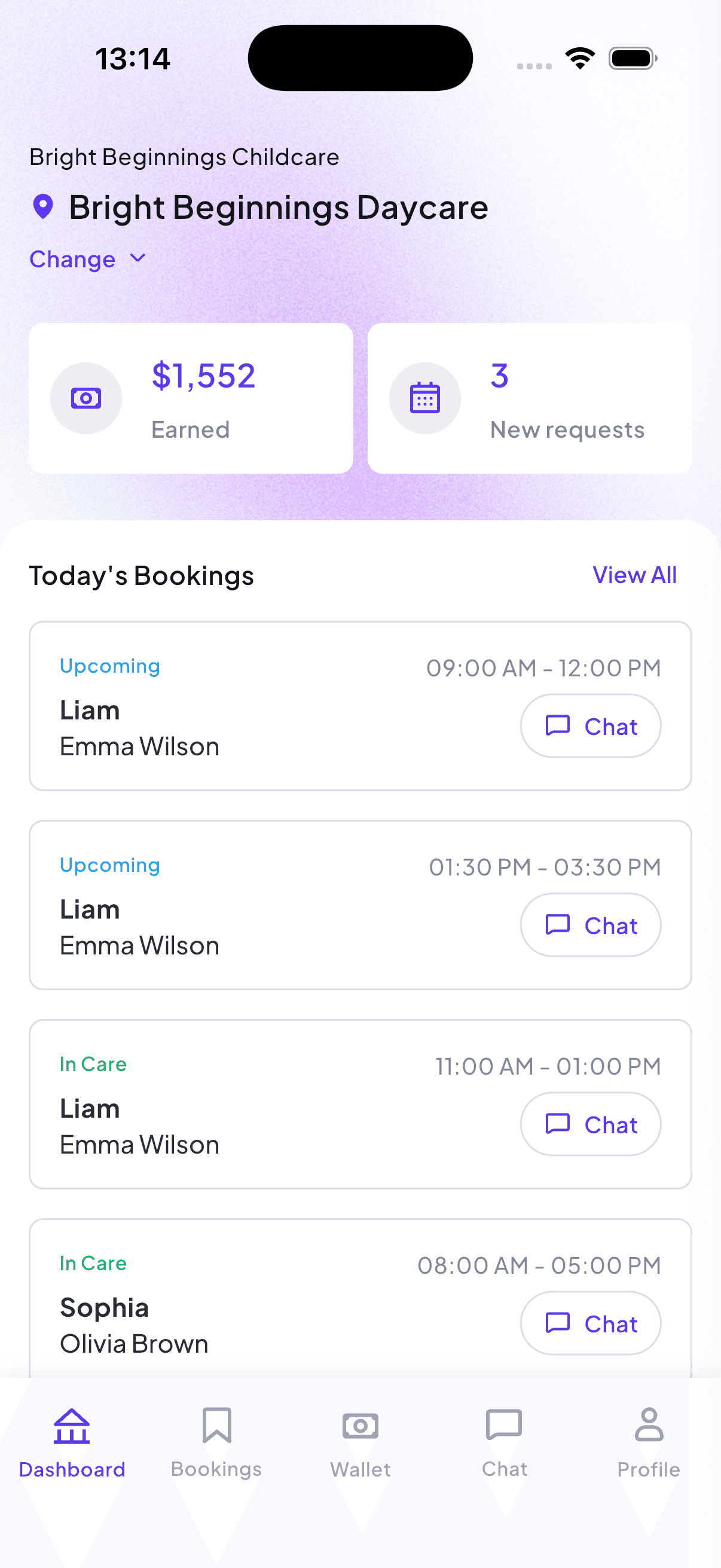 The PickNBook provider app dashboard — Bright Beginnings Daycare showing $1,552 earned this week, 3 new booking requests, and today's bookings for families.
