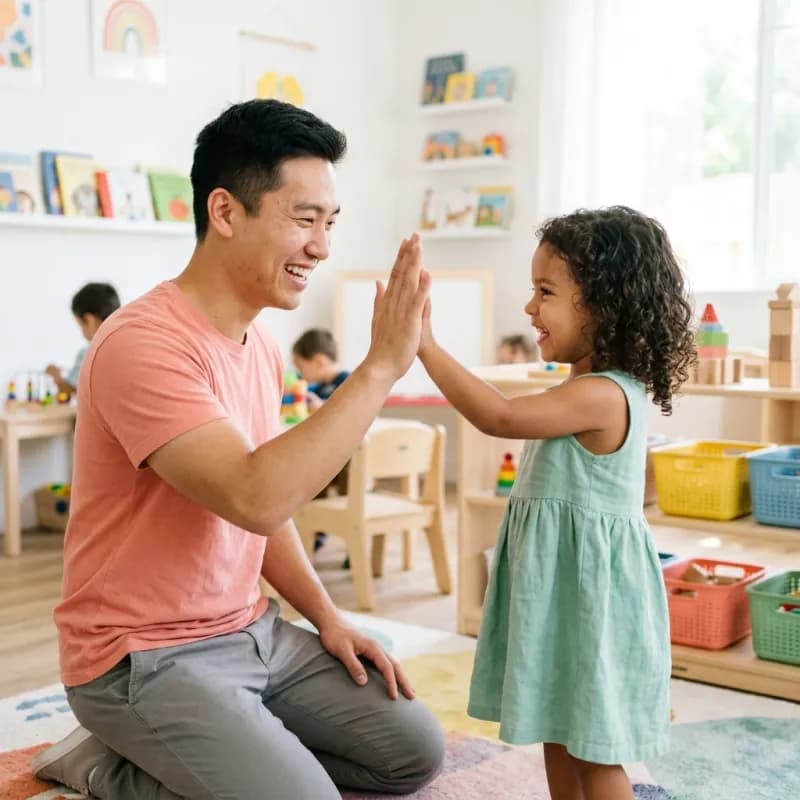 A daycare teacher giving a high five to a happy little girl.